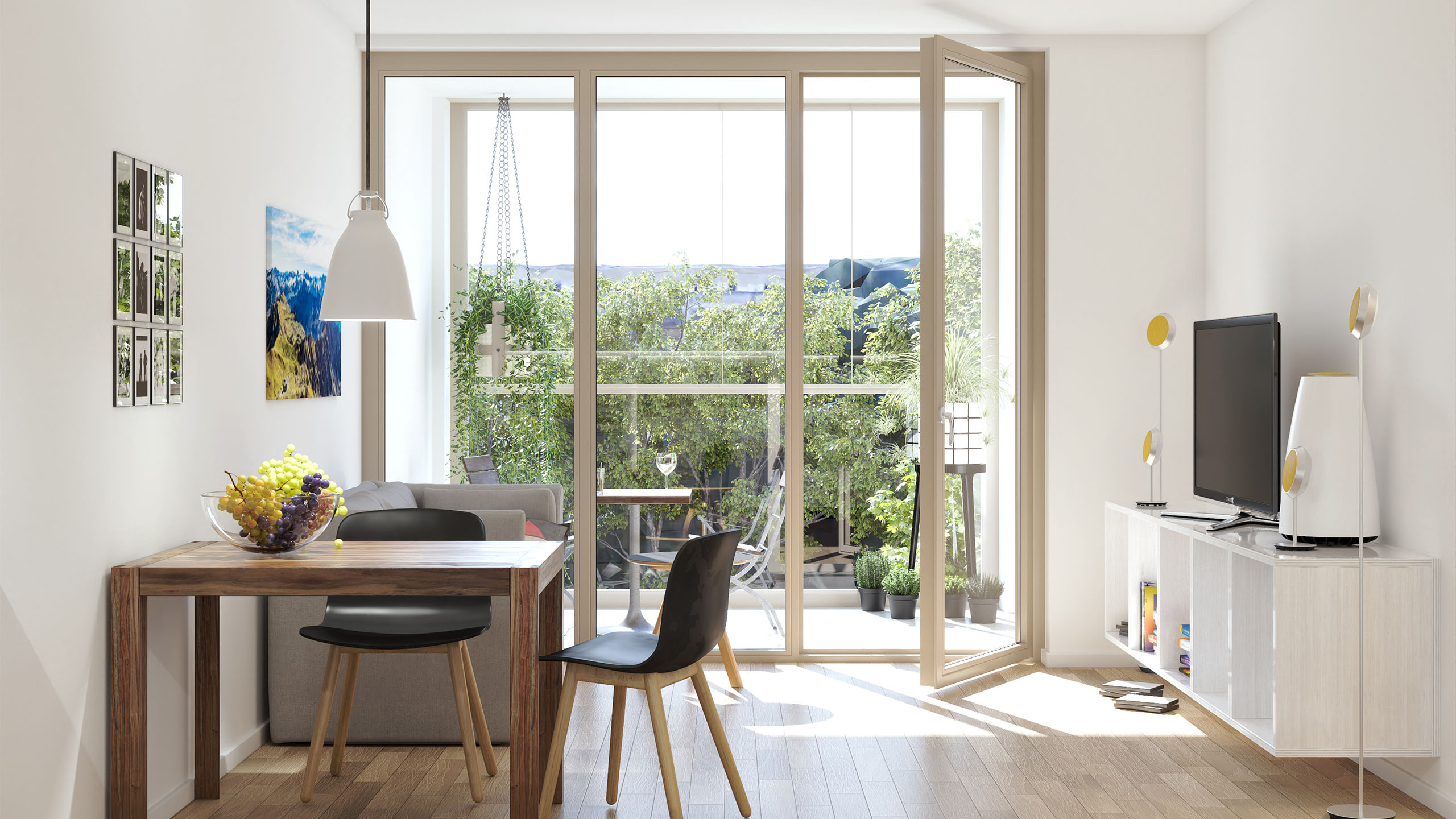 Beispielhafte Innenraumeinrichtung der 2-Zimmer WHG GreenTWO/S 3.8 (3.OG)