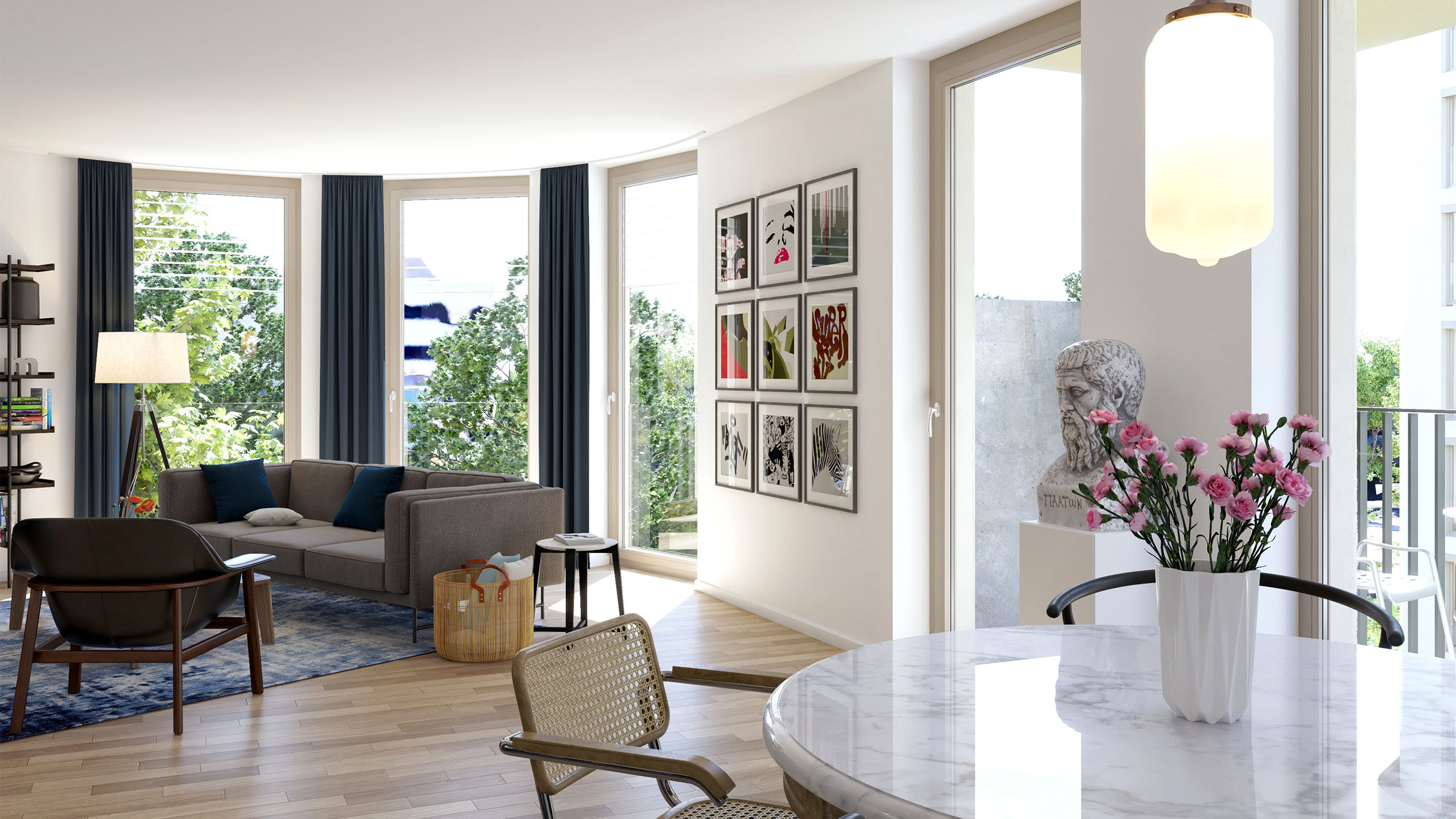 Beispielhafte Innenraumeinrichtung der 4-Zimmer WHG GreenOne/L 3.6 (3.OG)